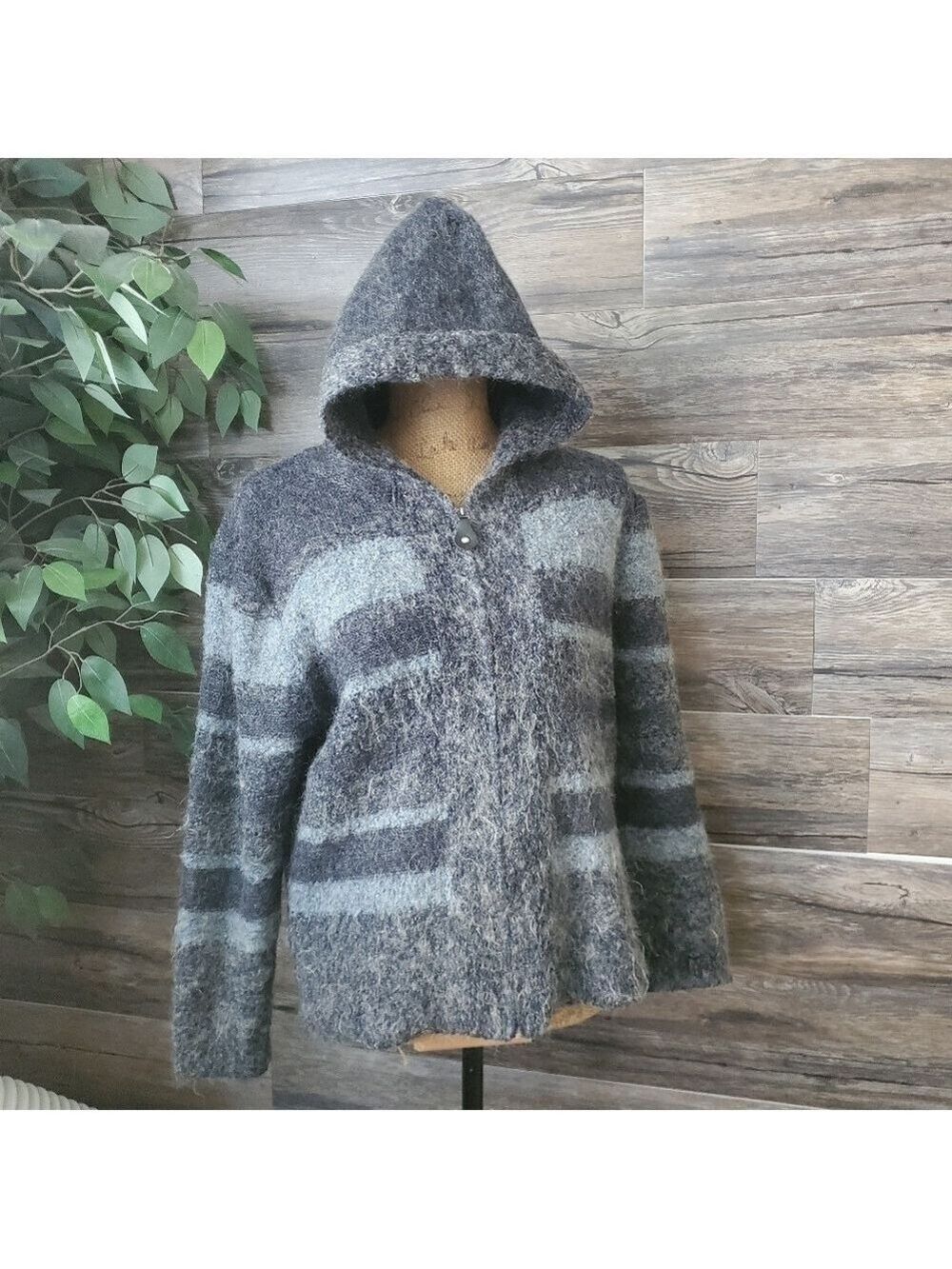 Mac & Jac Womens Small Petite Wool Blend Full Zip Striped Sweater Charcoal Gray